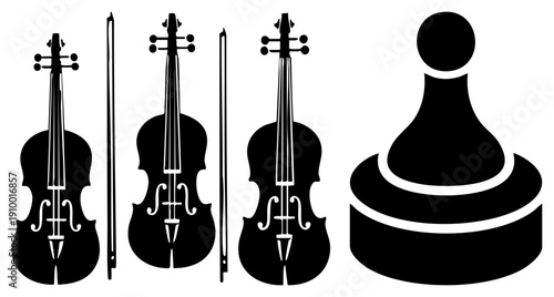 Vector of string instruments and chess piece, minimalist black, musical and strategic symbols, flat design for UI or print.