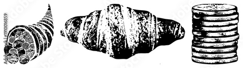 Classic halftone print style depicting cornucopia overflowing with fruit, croissant pastry, and stacked coins, vector graphic.