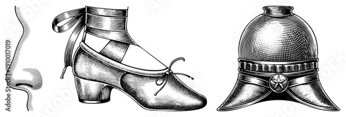 Classic engraved style nose, ballet slipper with ribbon, medieval helmet with star emblem, all rendered in halftone dot, vintage engraving aesthetic.