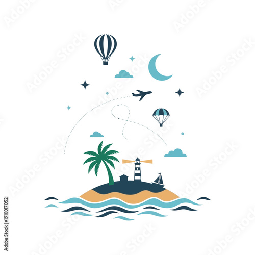 Tropical island with lighthouse, palm tree, sailboat, hot air balloon and airplane