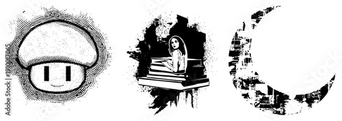Stylized mushroom, girl reading atop books, cityscape, halftone dot, graphic design elements, isolated vector art, illustration.
