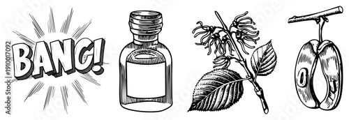 Retro comic "BANG!" explosion, vintage perfume bottle, hazel flower branch, cherry pit illustration, classic ink art, graphic design elements.