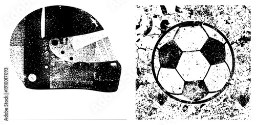Racing helmet with visor and ventilation holes, soccer ball with pentagon hexagon, halftone gritty texture, sport equipment, vector graphic design.