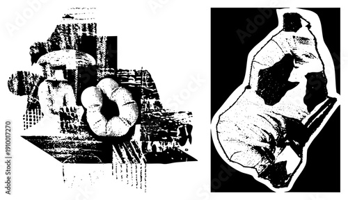 Stylized mushroom and vase rendered in halftone, graphic art, vector illustration, design, textured shading, artistic composition.