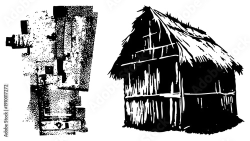 Black and white halftone vector illustrations of a rustic thatched hut and stylized ancient stone structure, isolated graphic elements for design use.