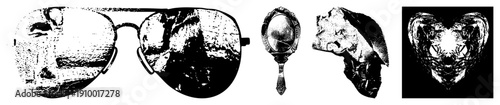 Aviator sunglasses, vintage mirror, crumpled paper, glowing eyed heart mask. Vector art with halftone & flat shading.