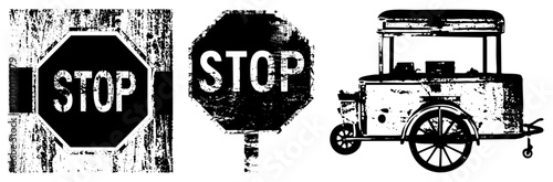 Grunge style stop signs with weathered texture, retro cart with spoked wheels, black and white vector art, urban street elements, isolated foreground graphics.