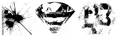 Graphic vector featuring ink splatter, diamond cut, and gritty number 13, halftone style, isolated design elements, aesthetic.