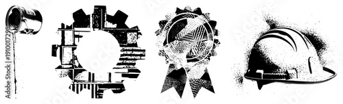 Set of four vector paint can dripping, gear with cityscape, award ribbon, hard hat. Industrial, construction, safety, recognition themes. Flat design, halftone texture.