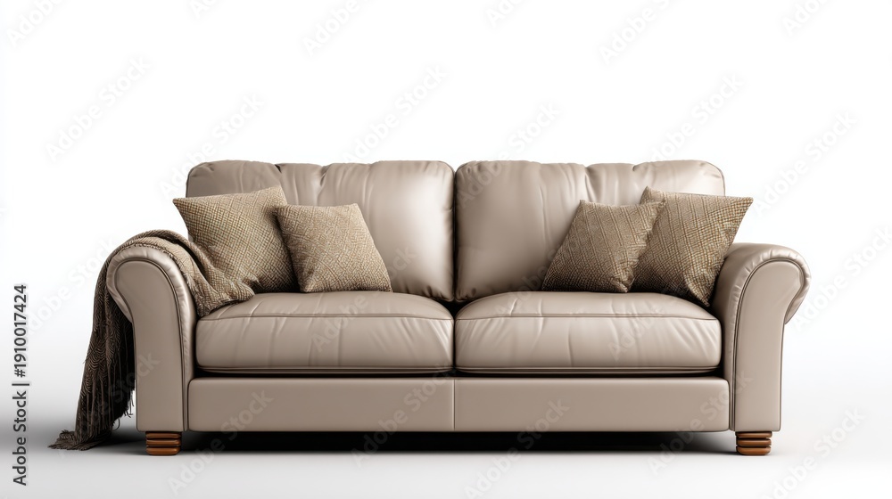 Fototapeta premium Cozy Modern Leather Sofa with Cushions and Throw Blanket