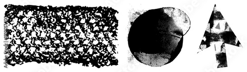 Fragmented halftone, circular gradients, arrow vector, graphic elements, digital art textures, stylized shapes, isolated design motifs.