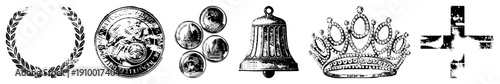 Antique coins displayed with laurel wreath, church bell, and crown, historical emblems, symbolic artifacts, engraved metal tokens.
