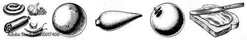 Artistic sketch of food items including sausage, garlic, chili, onion, pear,, and buttered toast, rendered in halftone shading and clean for culinary illustration or recipe design.