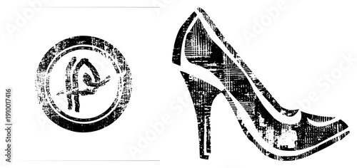 Distressed black vector featuring a high heel shoe and circular emblem, graphic design elements, retro aesthetic, fashion symbols, illustration.