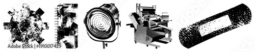 Retro mechanical equipment rendered in halftone, industrial gear, spotlight fixture, printing press, adhesive bandage, vector art, technical illustration.