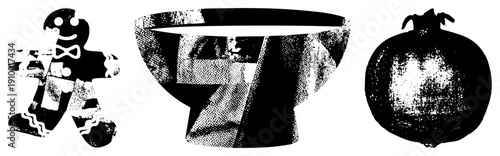 Black and white halftone vector illustrations of a festive gingerbread man, a geometric bowl, and a textured pomegranate, isolated on transparent background.