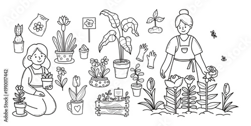 Woman Gardener with Flowers and Houseplants Hand Drawn Set. Isolated Outline Women Gardeners with Potted Plants Black Doodle. Vector illustration