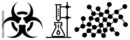 Hazard warning, lab equipment, scientific research, molecular diagram, chemistry symbols, safety signage, scientific illustration.