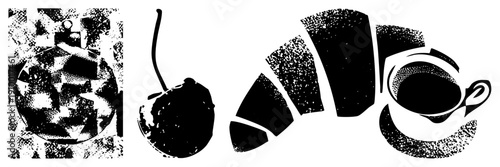 Black halftone coffee cup, cherry, and croissant vector, minimalist food symbols, café essentials, dotted texture design, graphic elements.