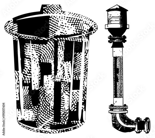 Black and white halftone rendering of cylindrical water tank and vertical pump assembly, industrial equipment, mechanical engineering schematic, technical drawing style.