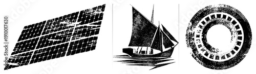 Stylized halftone shapes, angular grid, circular gear motif, graphic design elements, vector art, isolated foreground.