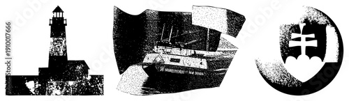 Black and white halftone vector lighthouse on rocky coast, sailboat on wavy sea, shield with. Isolated, cutout, rgba.