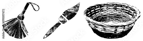 Broom, paintbrush, and woven basket rendered in halftone vector style, isolated graphic elements, rustic cleaning tools, artistic brush, handwoven container.