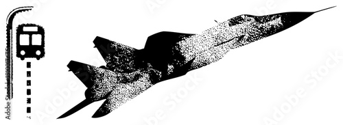 Military jet in flight with halftone dot, stylized train, vector graphic, aviation silhouette, urban transit symbol, black and white design.