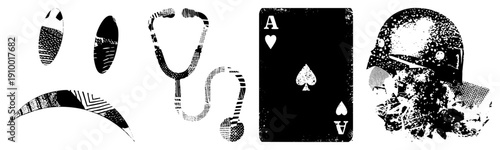 Graphic including stethoscope, ace of spades, soldier helmet, and abstract face, rendered in halftone, vector style, isolated elements.