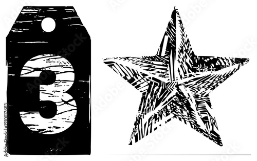 Vintage style wooden tag featuring bold number 3, paired with textured star cutout, rustic graphic, hand drawn vector art, black and white illustration.