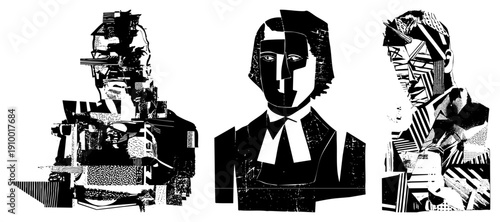 Three stylized human busts composed of fragmented geometric shapes, halftone textures, and stark contrast, rendered in vector art style with graphic design elements.