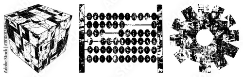 Retro calculation tool with beads, worn cube puzzle, abstract gear like shape, vector art, distressed texture style.
