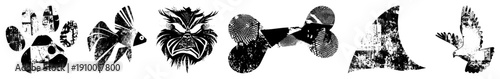 Paw print, fish, monkey face, bone, shark fin, eagle all rendered in gritty, halftone textures with fragmented, ideal for tattoo or graphic design.