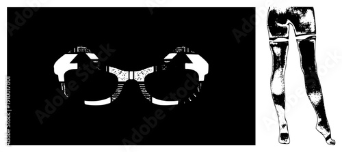 Graphic vector illustration of goggles and legs, halftone texture,, isolated elements, bold, retro aesthetic, fashion or sci fi concept.