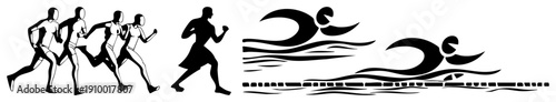 Dynamic runner and swimmer silhouettes, athletic movement, sport, fitness symbols, black vector art, stylized human forms, active lifestyle graphics.