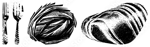 Classic dining utensils, artichoke, bread loaf rendered in halftone style, black and white vector art, food illustration, vintage graphic design.