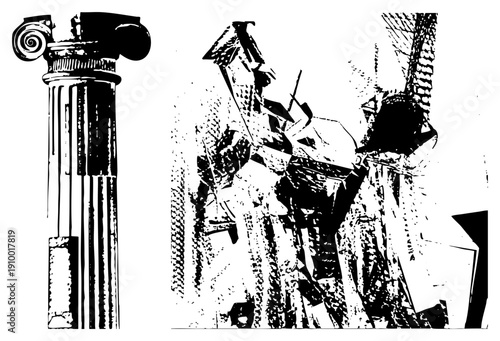 Ionic order column with volute capital, classical architecture, abstract building forms, black and white halftone, graphic design element, architectural illustration.