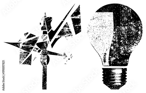 Fragmented star symbol with distressed texture, retro lightbulb, graphic design elements, vector art, conceptual illustration.