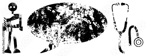 Doctor figure with stethoscope, speech bubble containing medical symbols, healthcare communication, diagnostic consultation, clinical dialogue, medical illustration, black and white vector.