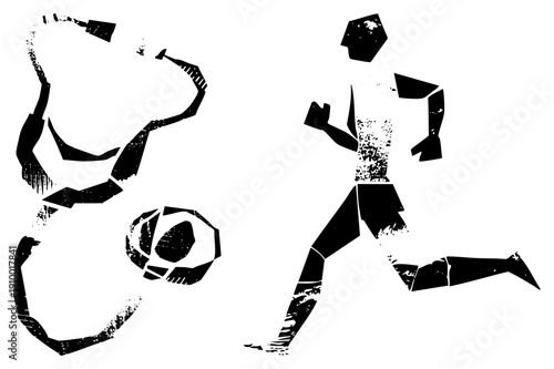 Black and white vector silhouette of footballer in motion, kicking soccer ball, fragmented texture, athletic pose, sport, isolated graphic.
