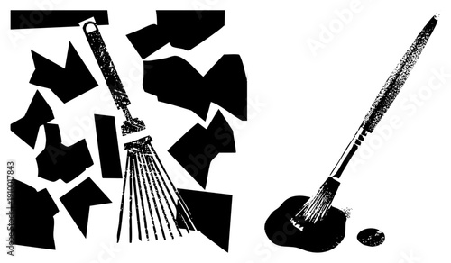 Black ink splatter, paintbrushes dipped in paint, artistic strokes, graphic design elements, vector art, creative tools, isolated foreground.