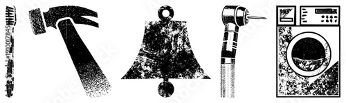 Retro halftone vector hammer, bell, dental drill, washing machine. Classic graphic design elements with textured grain. Isolated symbols for UI, print, or branding.