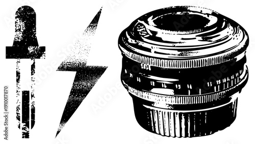 Three isolated vector dropper, lightning bolt, and camera lens, rendered in gritty halftone style with distressed texture, ideal for tech,, or science themes.