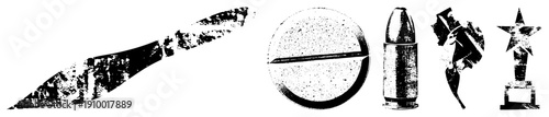 Distressed black and white including knife, bullet, grenade, star award, and compass rugged, tactical, combat themed vector symbols with gritty texture.