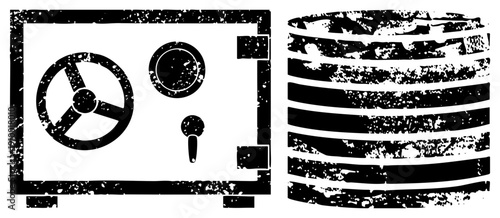 Security safe with wheel dial and keyhole, database cylinder, digital storage symbol, retro tech graphic, black and white vector illustration.