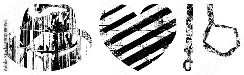 Distressed vector striped heart, leash with clip, cracked helmet. Urban street art, stencil style, graphic design.