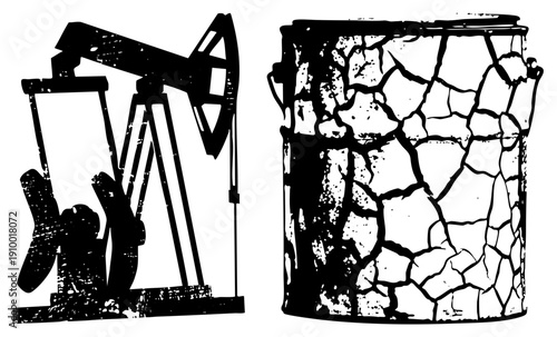Black and white vector graphic of oil pumpjack and stone bucket, industrial equipment, rustic texture, isolated assets, halftone style, design.