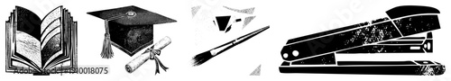 Educational symbols including open textbook, mortarboard cap, rolled diploma, artist brush, office stapler, vector set, study tools.