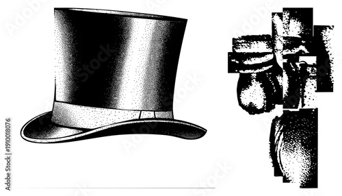 Elegant top hat rendered in halftone dots, vintage silhouette, formal headwear, gentleman accessory, fashion, graphic design element.
