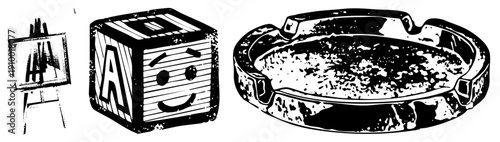 Wooden alphabet block with cheerful face, artist’s easel displaying abstract strokes, vintage ashtray with buildup, vector.